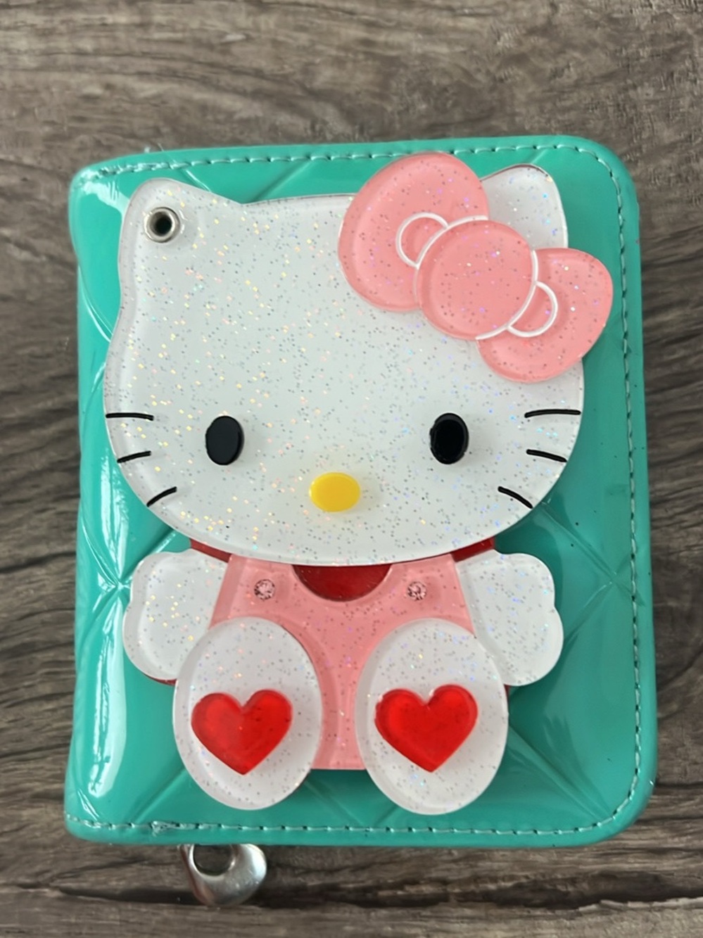 Y2K Hello Kitty Teal Patent Wallet with Pink Bow and Red Hearts